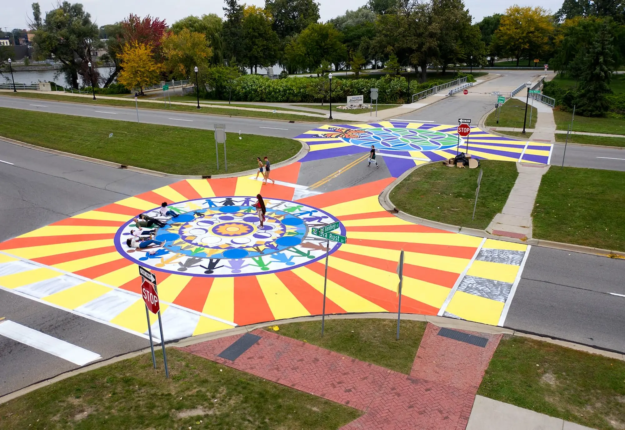An example of an asphalt art project in Saginar, Michigan.