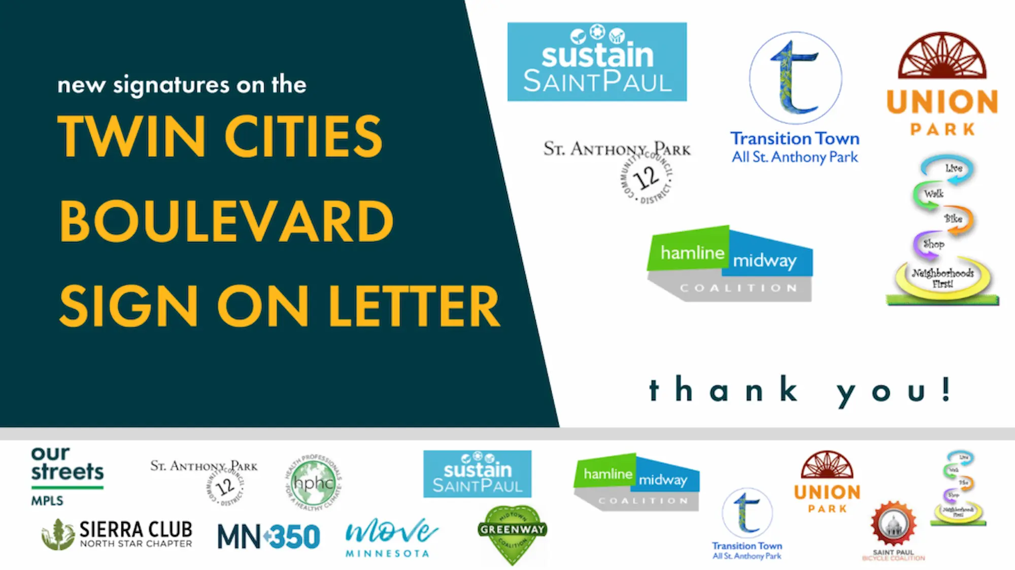 Twin Cities Boulevard Sign On Letter featuring company logos of companies who have signed on