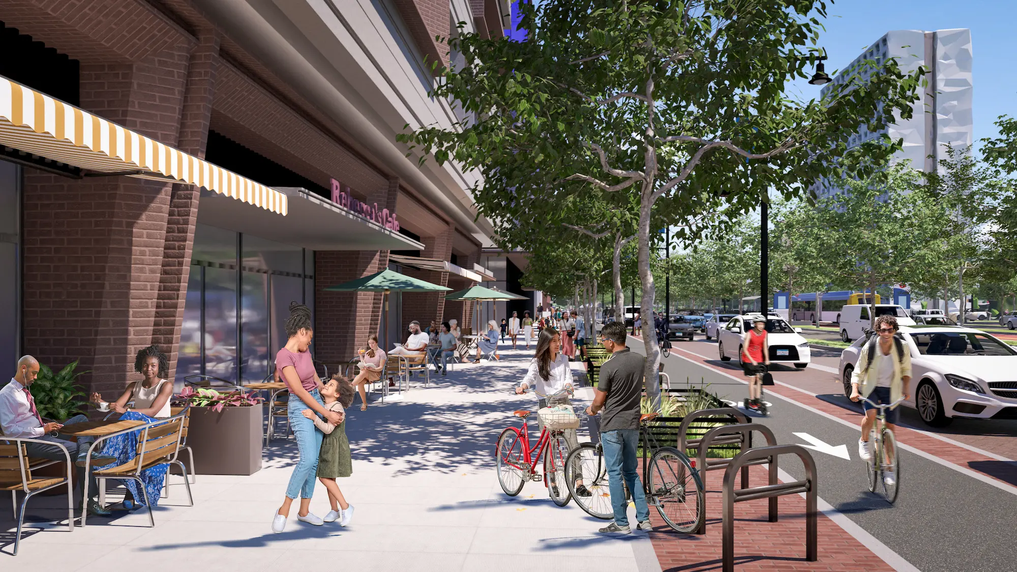 rendering of what Cedar Riverside could look like with a transit boulevard, with changes in land use that allow new businesses and new transit options like bus rapid transit and separated bike paths, wide sidewalks, and green space