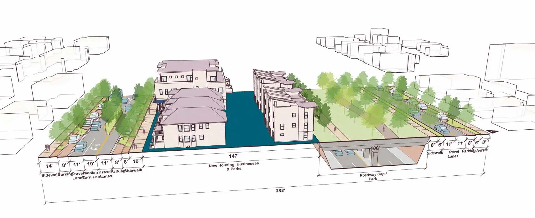 rendering of boulevard running underneath land bridge, demonstrating compatibility and more housing and business opportunity