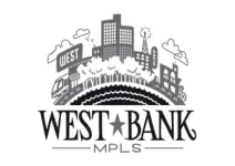 West Bank Business Association logo in grayscale. An arcing animated skyline with a depiction of the Riverside Towers and a radio tower, in addition to other structures. Below are the words "West Bank MPLS"