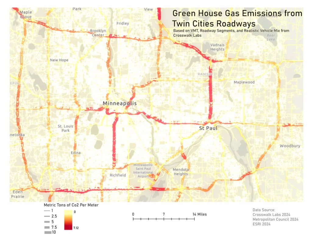 A data map showing concentrations of greenhouse gas emissions from twin cities roadways. Significantly higher emissions data is found along major highways, including I-94, I-35, I-394 and HWY 280.