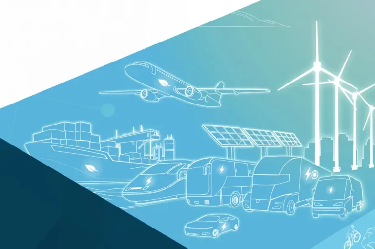 A cover image from the U.S. Department of Transportation's Report to Congress: Decarbonizing U.S. Transportation. The image is a graphic rendering with a gradient blue and green background and vector drawings of vehicles, including cars, buses, trains, and plains, with small lighting bolt or leaf symbols on them to indicate that they are electric or "eco-friendly" vehicles. Vector drawings of windmills and solar panels are in the background.