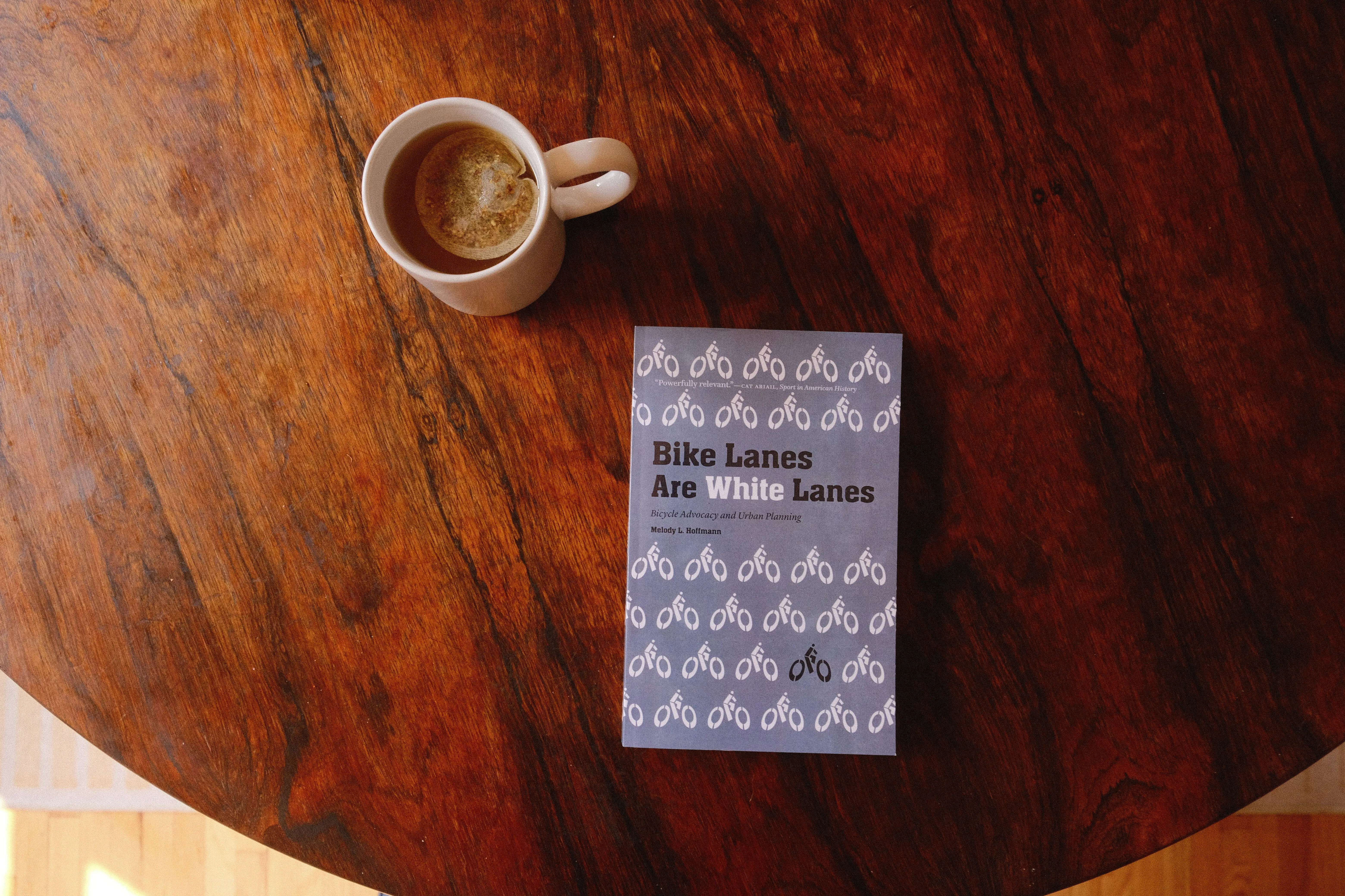 aerial image of "Bike Lanes Are White Lanes" by Melody Hoffman on a wood table with a mug of tea