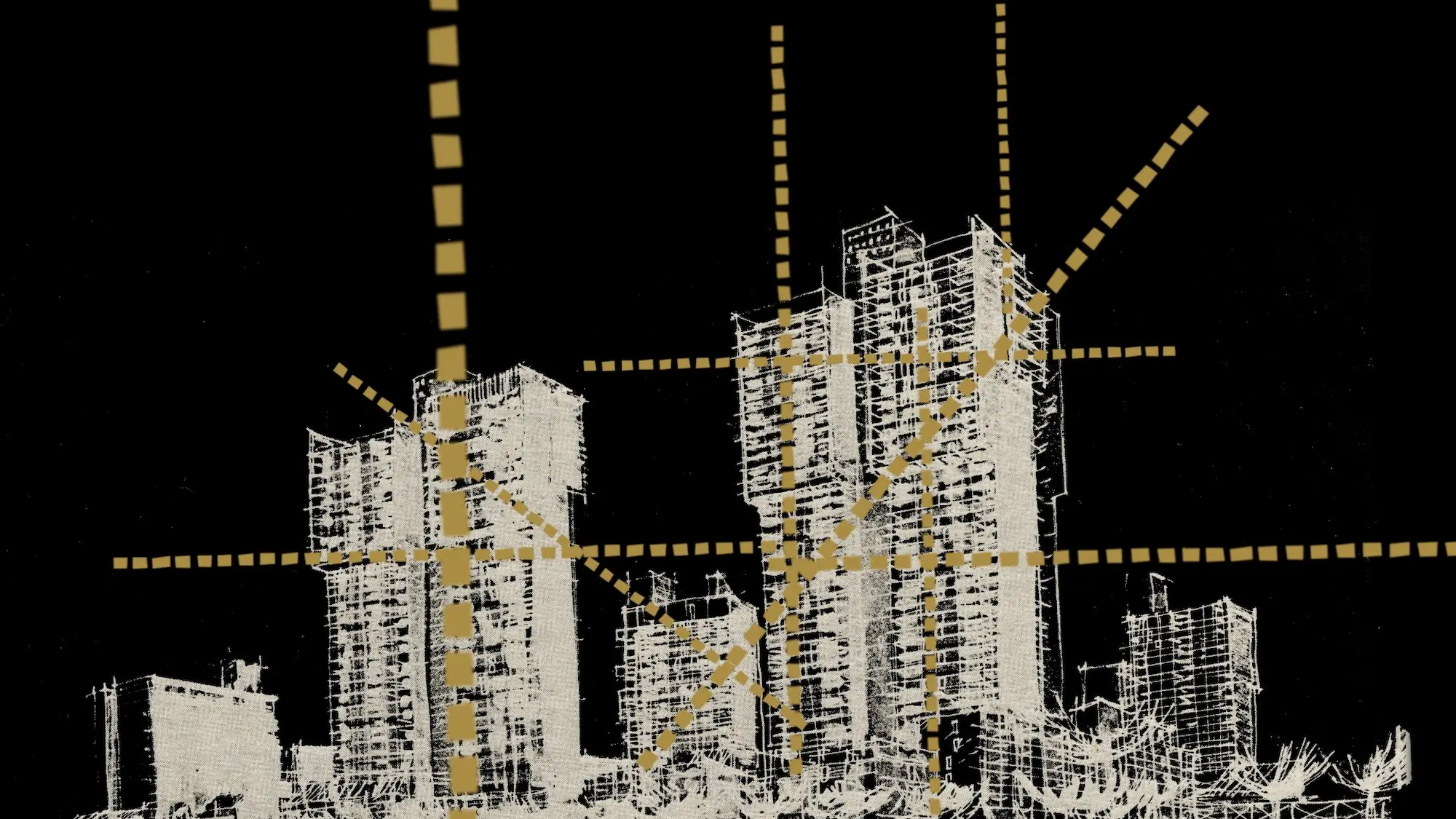 A still image from the BRUTAL UTOPIAS documentary, showing the Riverside Plaza towers under construction in a white negative on a dark blue background with dotted yellow lines criss-crossing in front of the image.