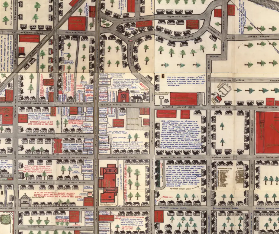 clarence miller map of old 6th avenue. hand drawn from memory