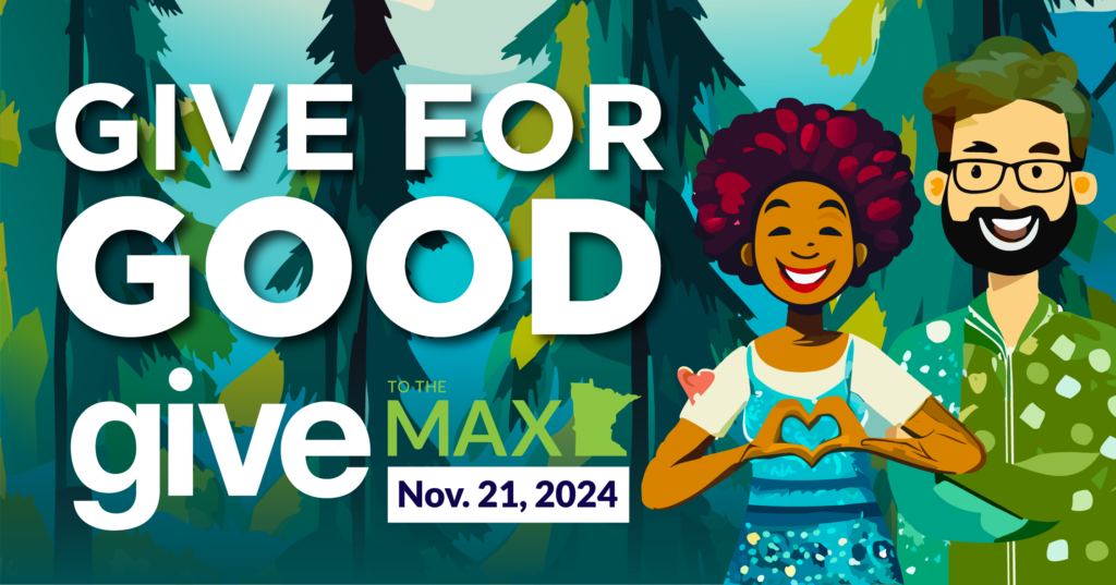 give for good with give to the max logo and illustrated trees and people smiling