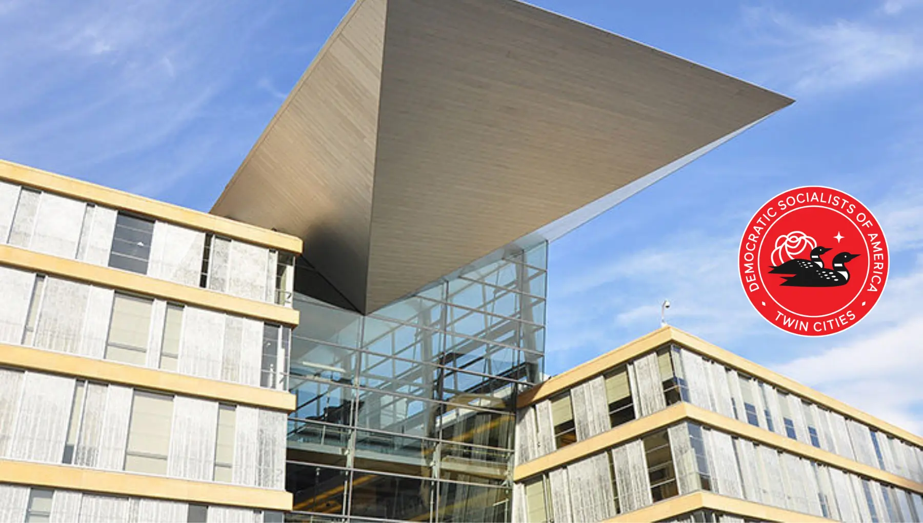 minneapolis central library with twin cities dsa logo