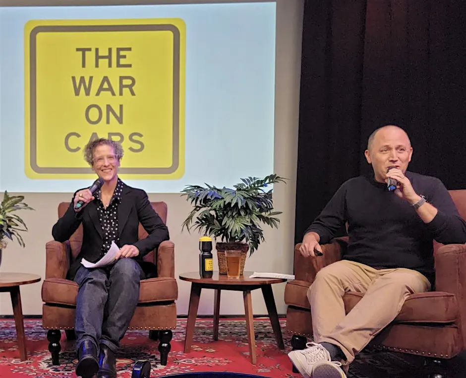 Sarah Goodyear and Doug Gordon at a live podcast event